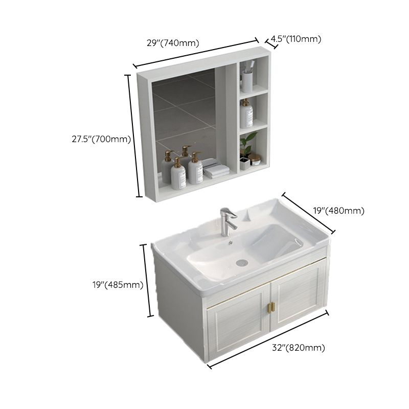 Single Sink Vanity Set Mirror Wall Mount Metal Frame Rectangle Bath Vanity with 2 Doors