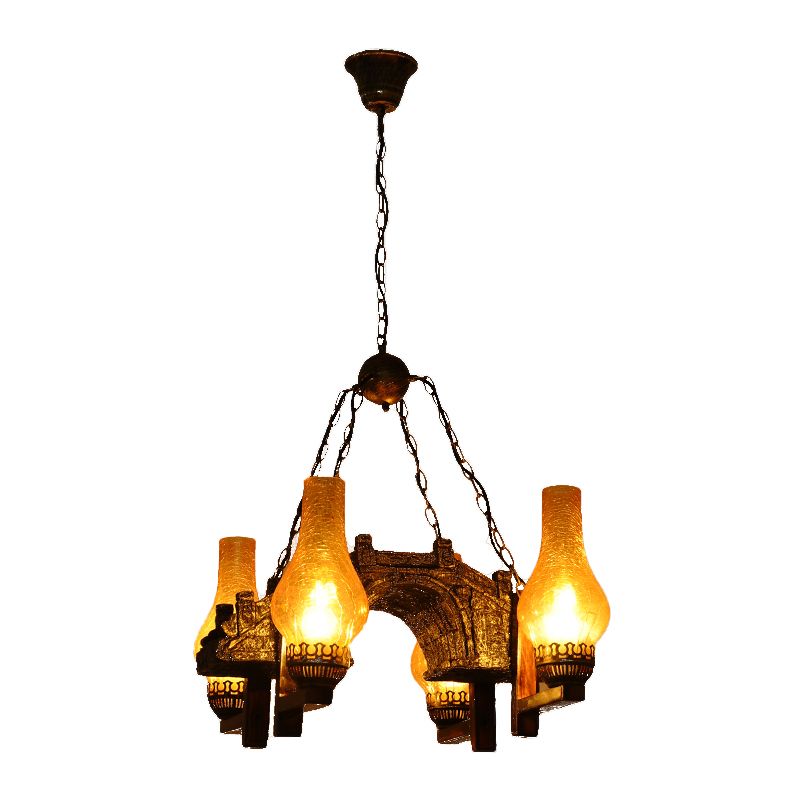 Vase Kitchen Chandelier Pendant Light Vintage Amber Crackle Glass 4 Lights Bronze Drop Lamp