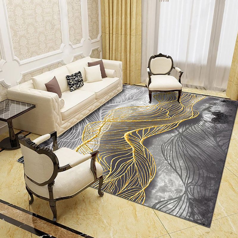 Gold Modern Area Carpet Polyester Line Carpet Non-Slip Backing Carpet for Living Room