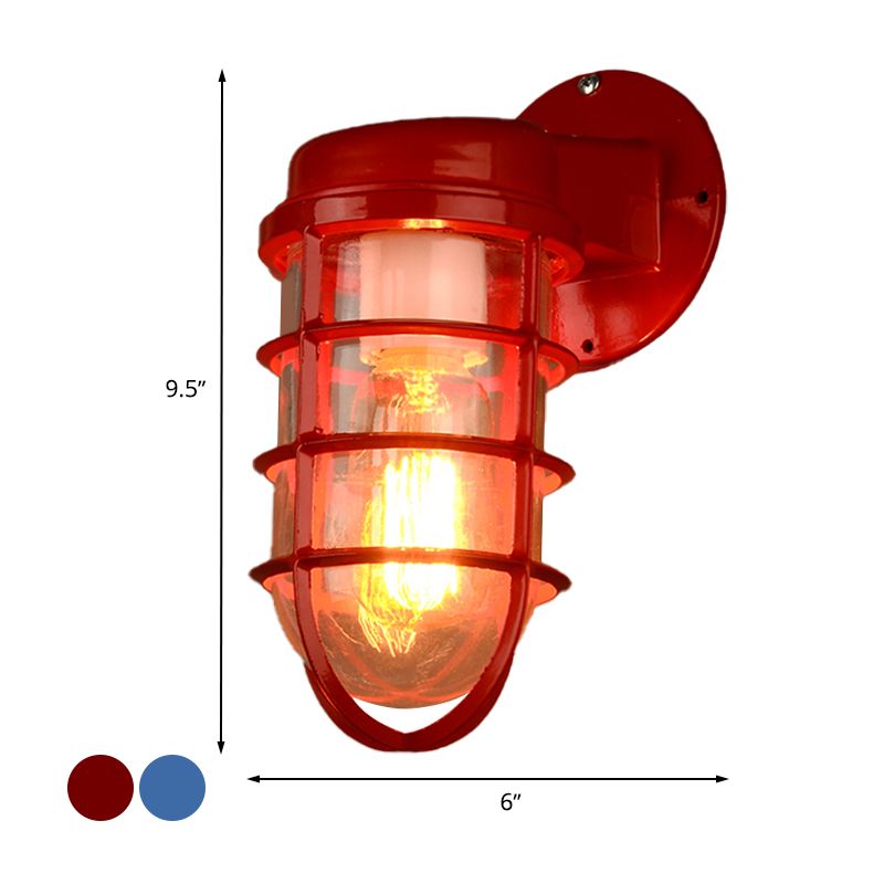 1 Bulb Metal Caged Wall Mounted Light Fixture Coastal Red/Blue Clear Glass Lighting for Outdoor