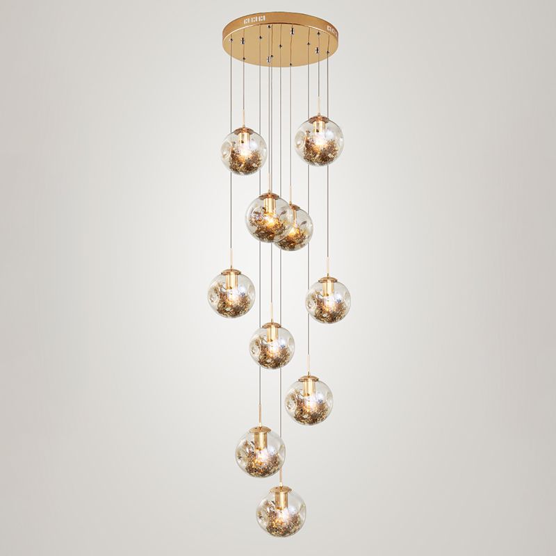 Spherical 10-Light Pendant Modern Cognac Glass Stairway Multiple Hanging Lamp with Shatter Flower Inside