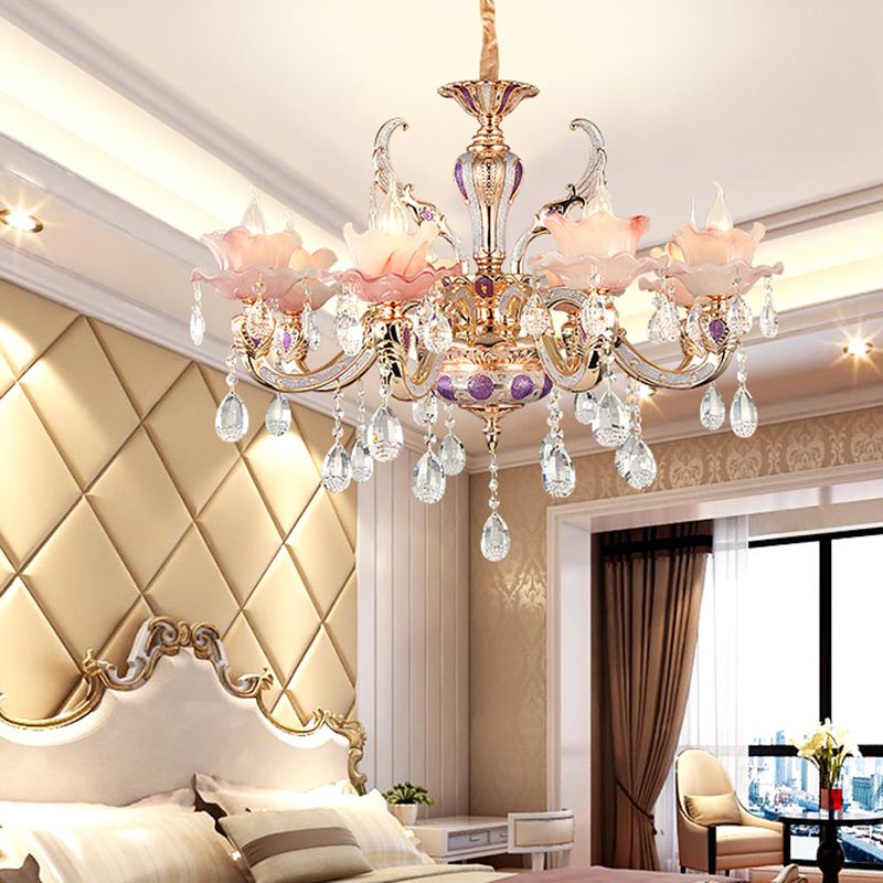 Pinde Ruffle Floral Light Light Retro Retro Opaque Glass Living Room Pendant Light avec cristal suspendu