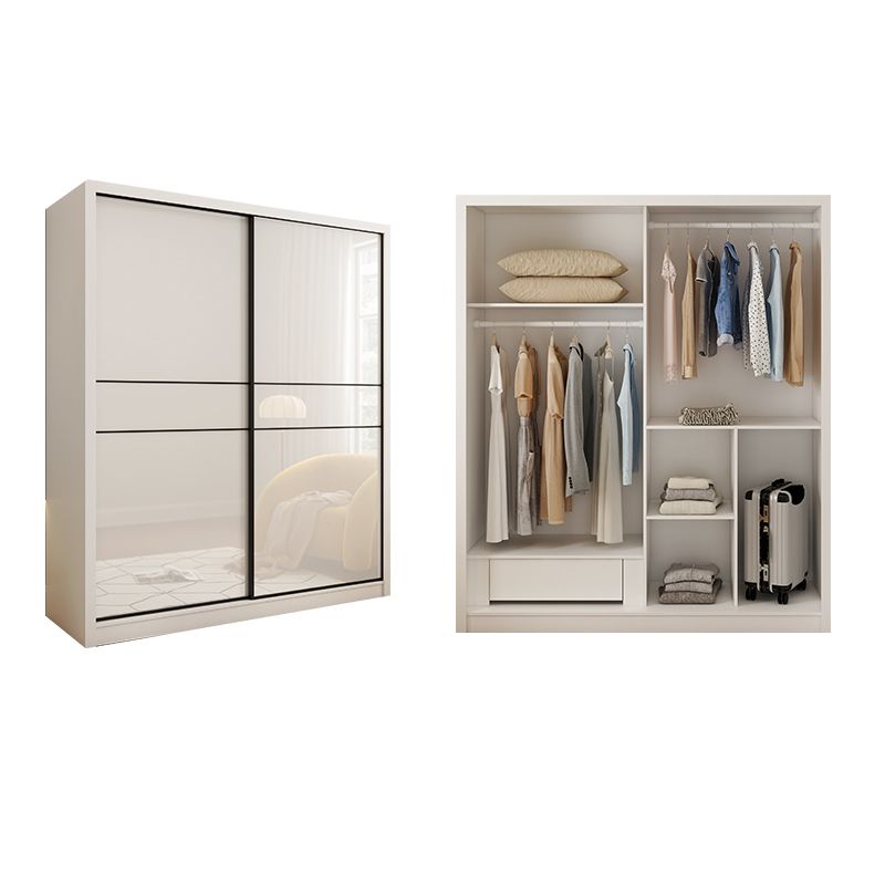 White Mirrored Finish Wardrobe Cabinet Modern Engineered Wood Wardrobe