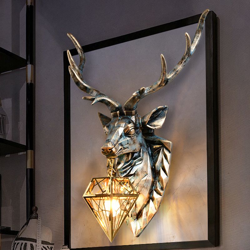 Wandleuchte im Vintage-Stil, Diamant-Messing-Metall-Wandleuchte, 1-flammig, mit Harz-Hirsch-Dekoration, 16"/18,5" breit