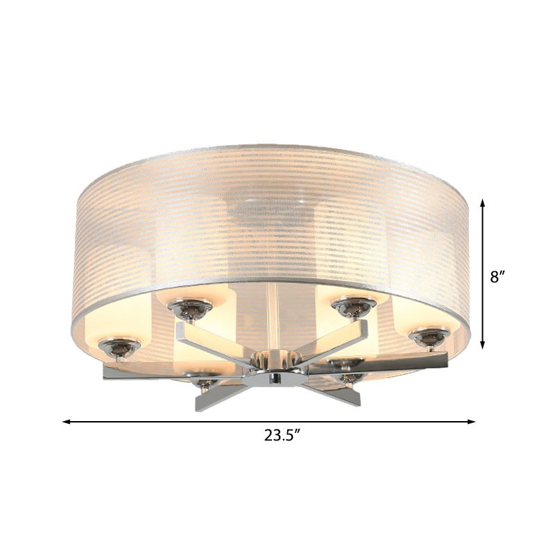 6 Lights Drum Flush Light Fixture Traditional White Fabric Ceiling Mount for Living Room