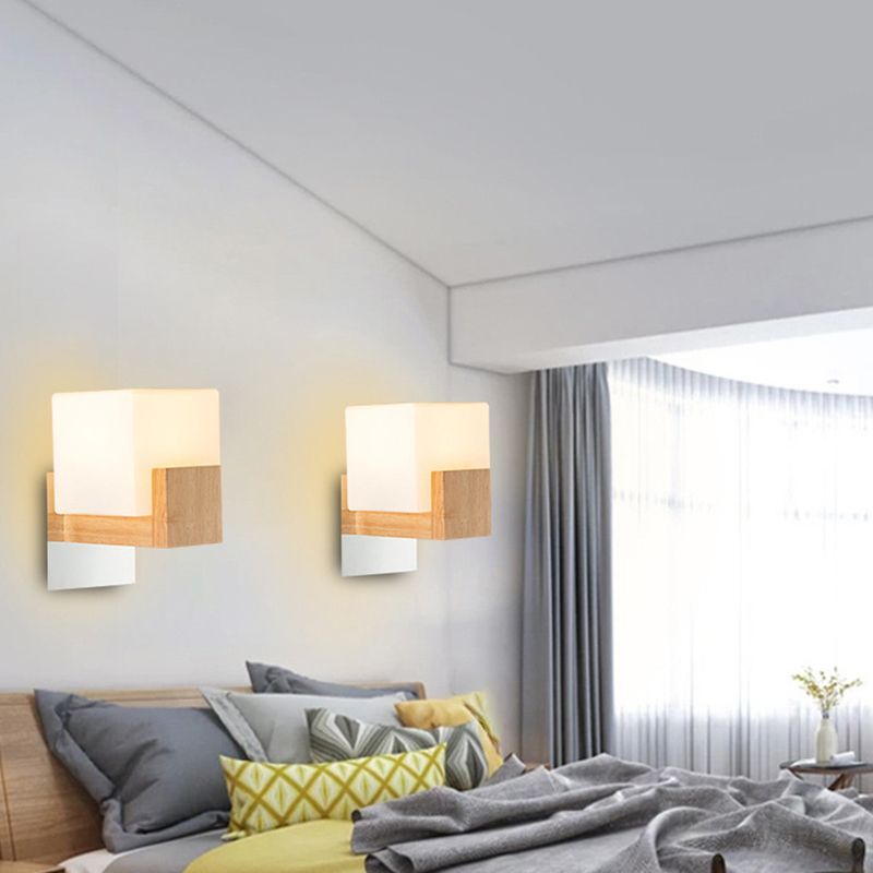 Modern Style Square Shade Wall Light Wood 1 Light Sconces for Bedroom