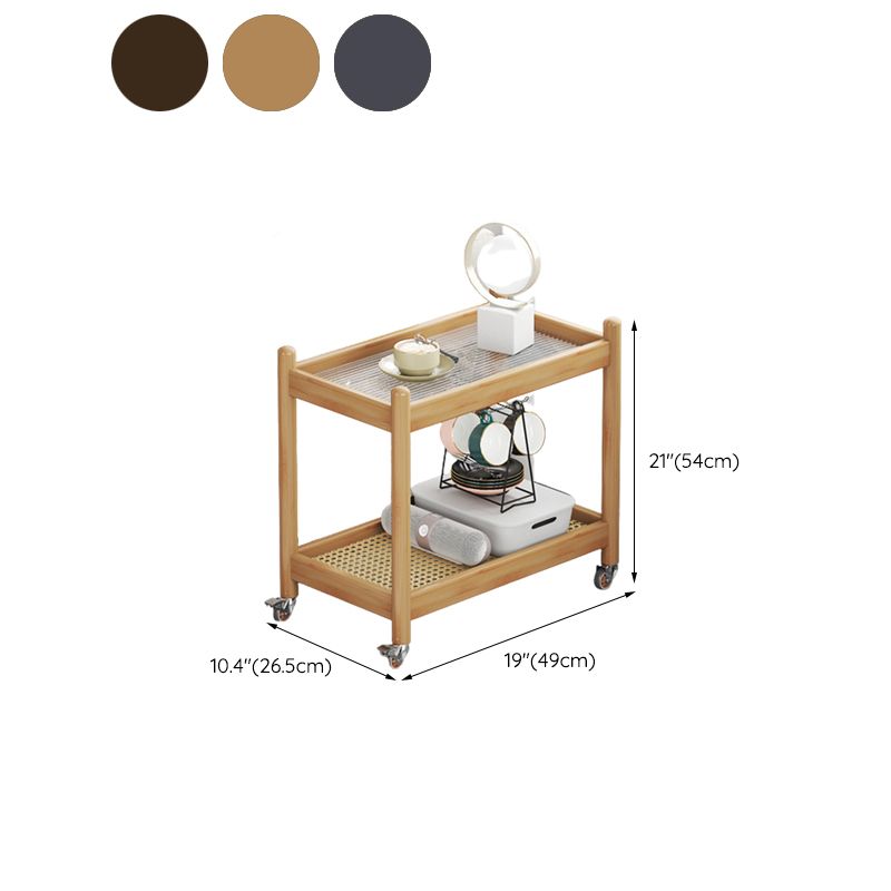 Modern Rectangular Glass Top End Table Wood Base Side Table with Shelf and Wheel