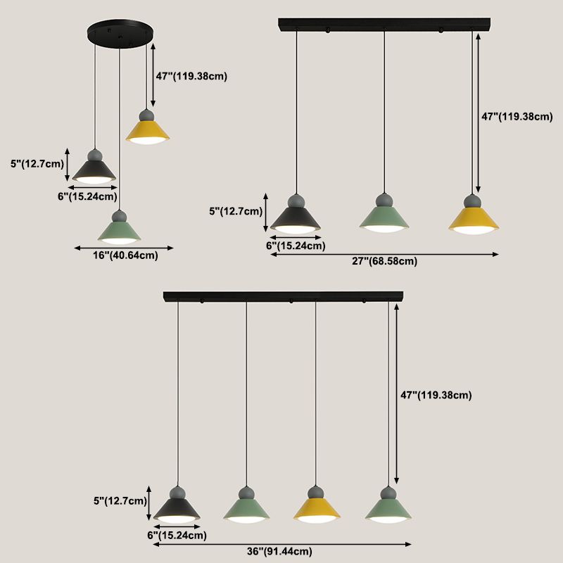 Macaron Conical Multi-Light Pendant Metal Metal LED Drop Light for Dining Room