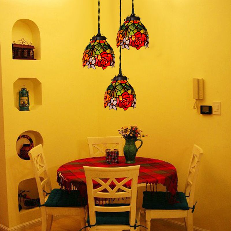 Tiffany Domed Pendant Light 1 Light Red/Pink/Yellow Stained Glass Ceiling Suspension Lamp for Dining Room