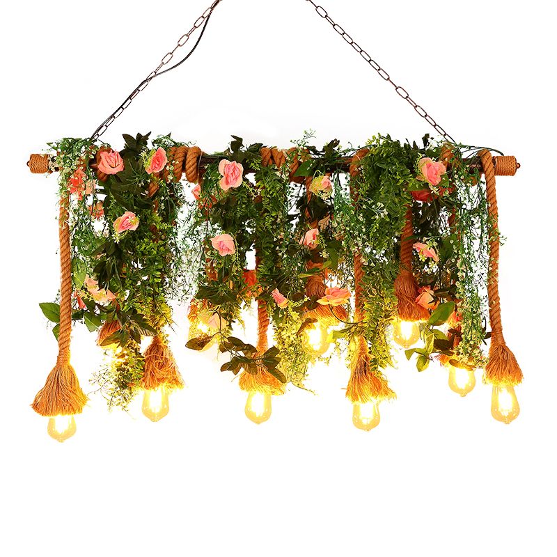 10-Head Exposed Bulb Hanging Lamp Lodge Brown Hemp Rope Island Light with Green Plant Decoration