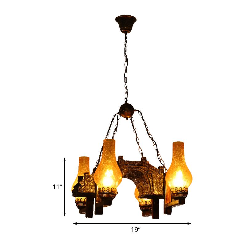 Vase Kitchen Chandelier Pendant Light Vintage Amber Crackle Glass 4 Lights Bronze Drop Lamp
