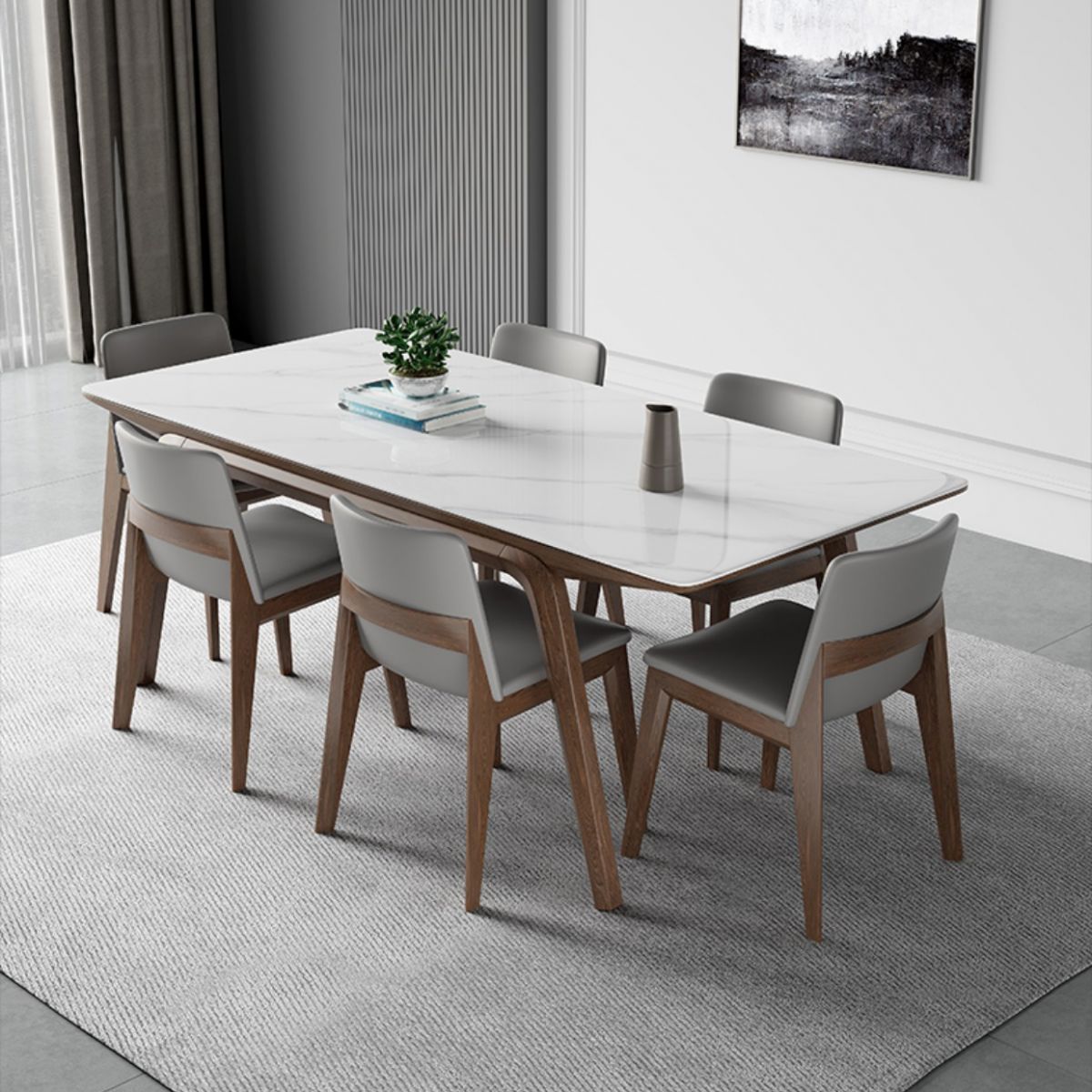 Modern Rectangle Table Sintered Stone Dining Table with Wood Legs