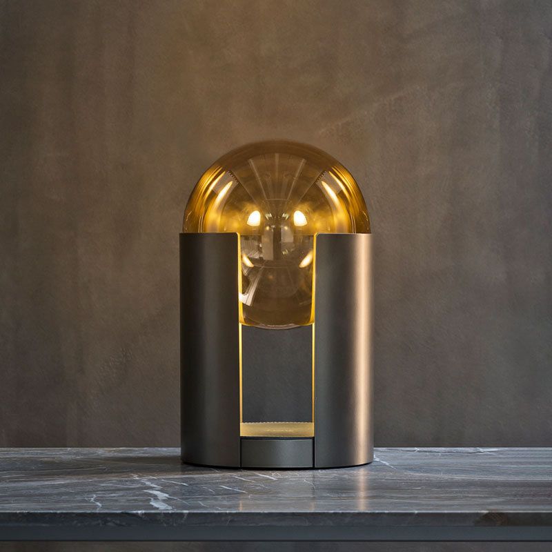 Minimalism Cognac Glass Globe Table Lamp Hollow Cylindrical Metal Base Nightstand Light in Black