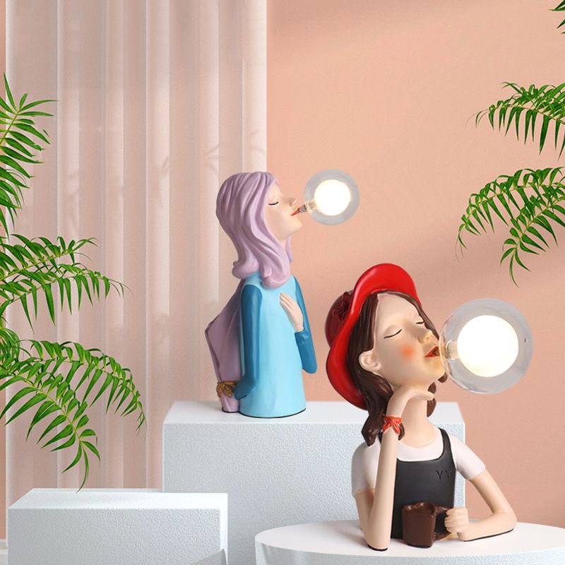 Resin Girl Statue Table Lamp Creative Modern 1-Light Night Light with Ball Glass Shade