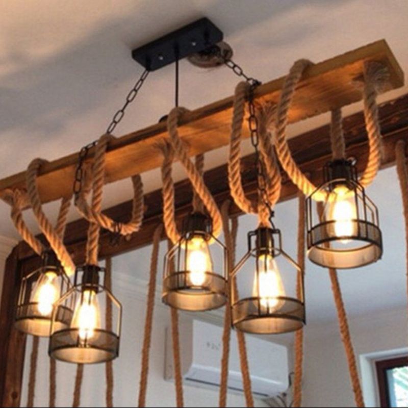 5-Head Rope Pendant Lamp Industrial Beige Linear Restaurant Island Light with Cage