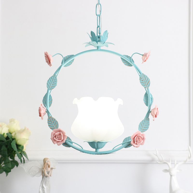 Pastoral Bud Ceiling Light Single-Bulb Cream Glass Hanging Pendant Light with Floral Hoop