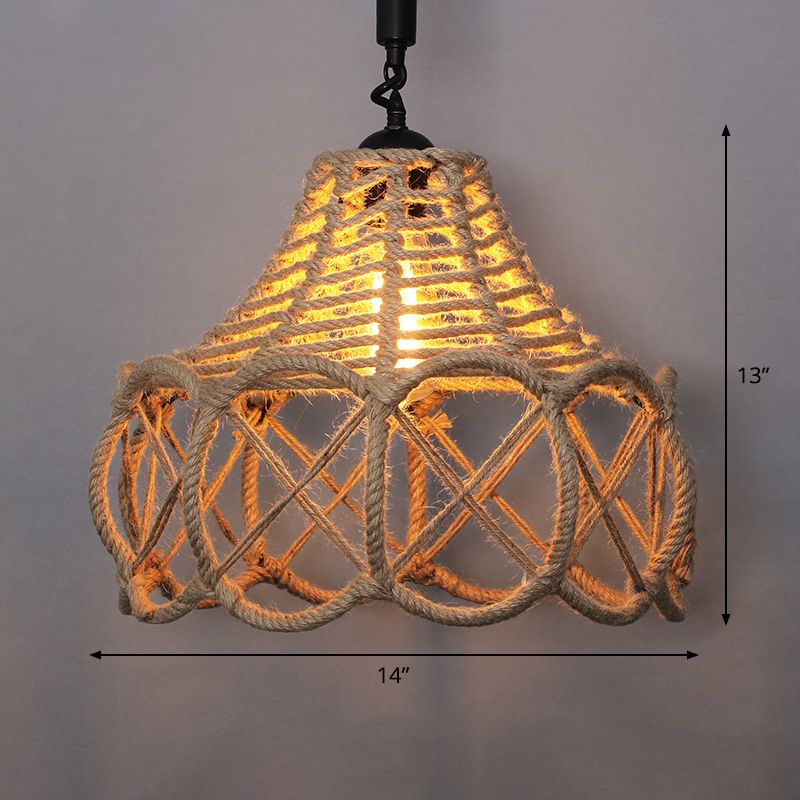 Single Cage Shade Pendulum Light Country Style Wood Rope Suspension Light for Restaurant