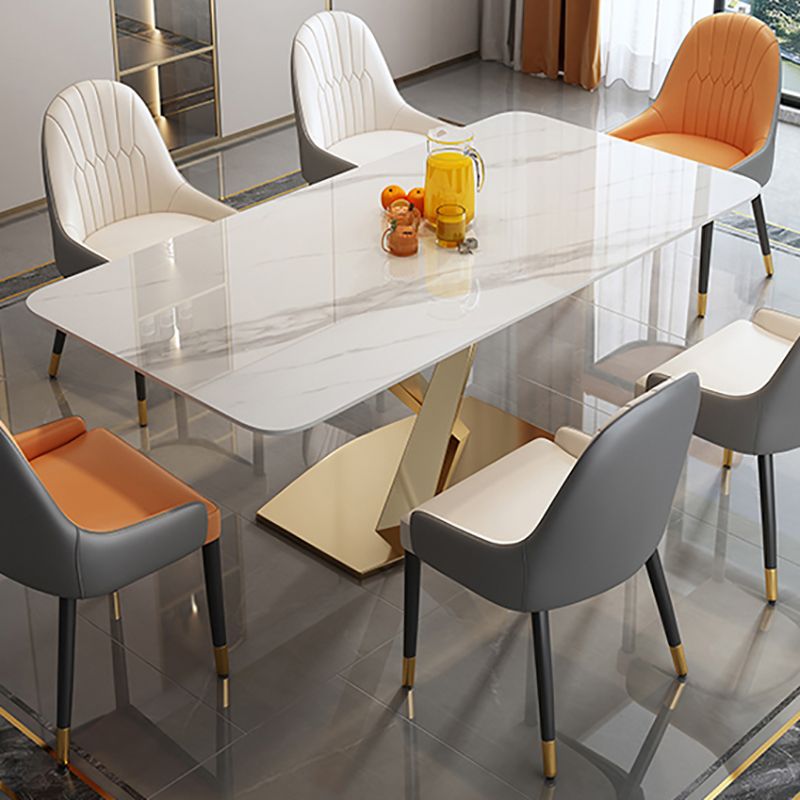 Luxury Sintered Stone Dining Table Rectangle Table with Single Pedestal in Gold