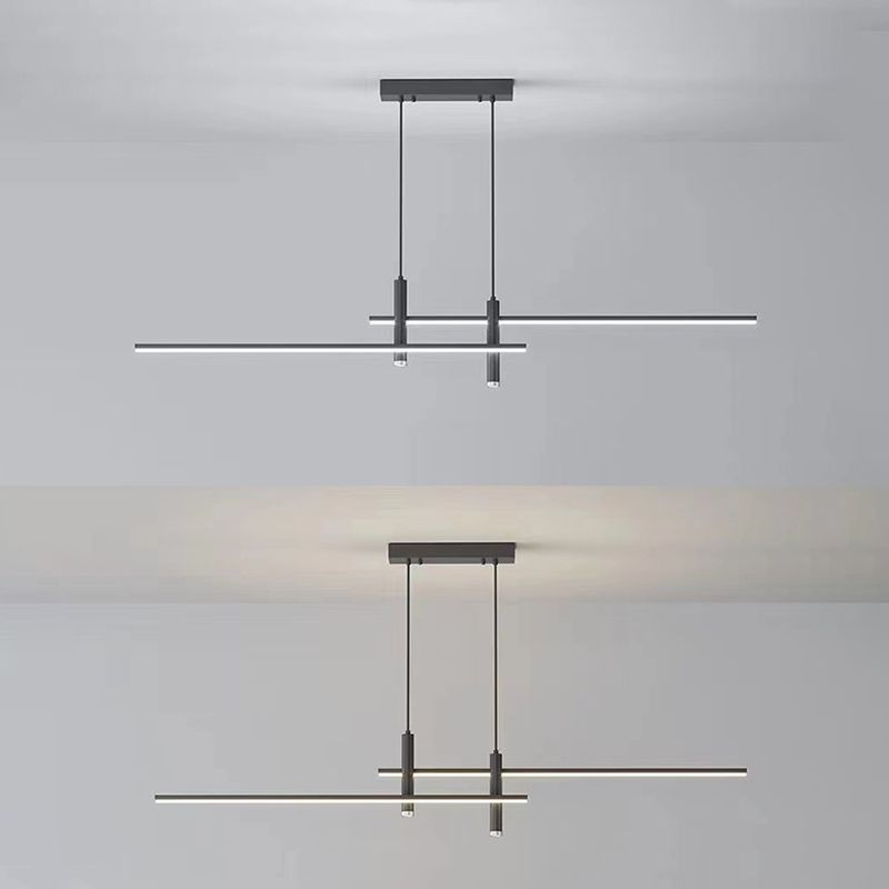 Minimalist Linear Island Chandelier Light Metal Dinning Room LED Hanging Chandelier in Black