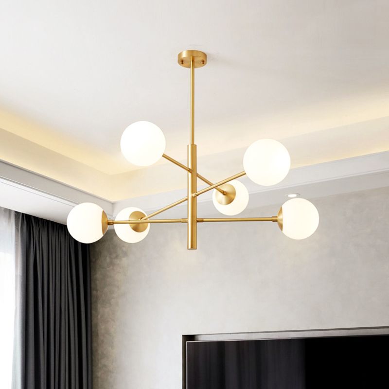 Post-Modern Hanging Chandelier Light Satin Opal Glass Ceiling Chandelier in Gold for Living Room