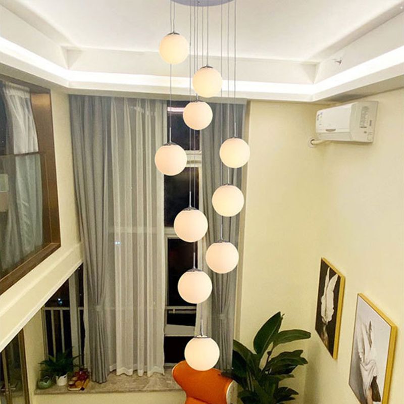 10 koppen trappen cluster hanglampje eenvoudige zilveren druppel lamp met bolvormig crème glazen schaduw