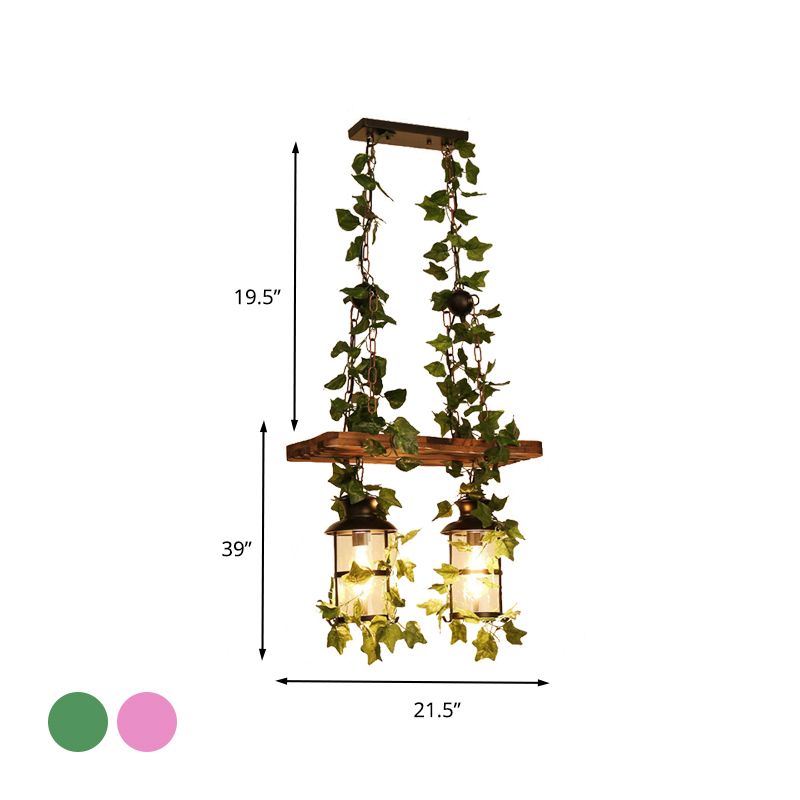 Lantern Restaurant Island Ceiling Light Retro Wooden 2/3 Heads Pink/Green LED Drop Lamp with Plant/Flower Decor