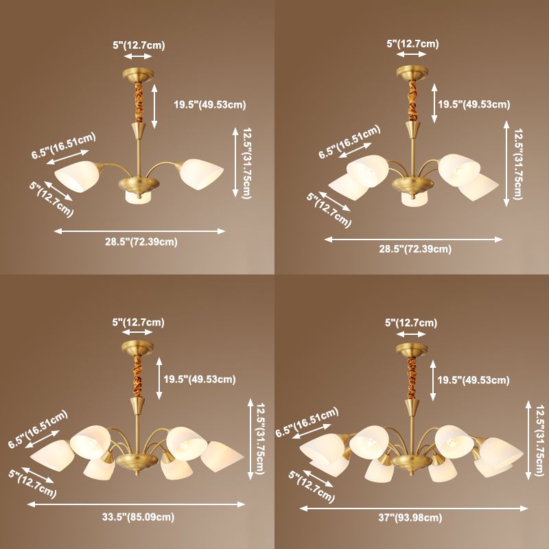 Bell Chandelier Lighting Fixtures American Style Multi-Head Suspension Light with White Glass Shade