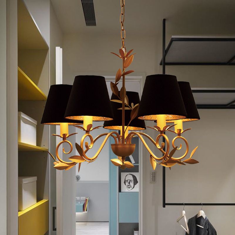 5 Lights Cone Pendant Lighting Vintage Black Fabric Hanging Chandelier for Dining Room