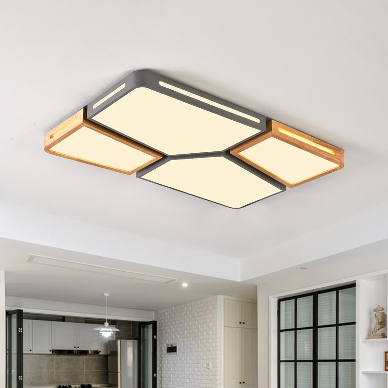 Modern Spliced Rectangle Flush Mount Wooden 35.5"/45" Wide LED Bedroom Ceiling Flush Light in Grey/White/Green
