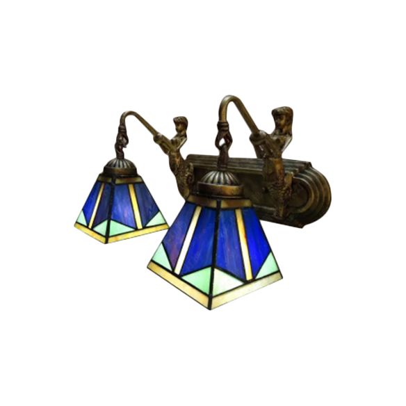 Pyramid Wall Light Fixture Tiffany Blue Glass 1 Head Antique Brass Sconce Lighting