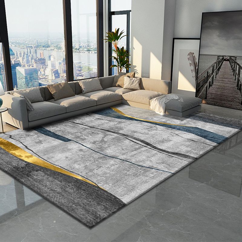 Blue Living Room Rug Geometric Print Polyester Area Rug Non-Slip Backing Area Carpet