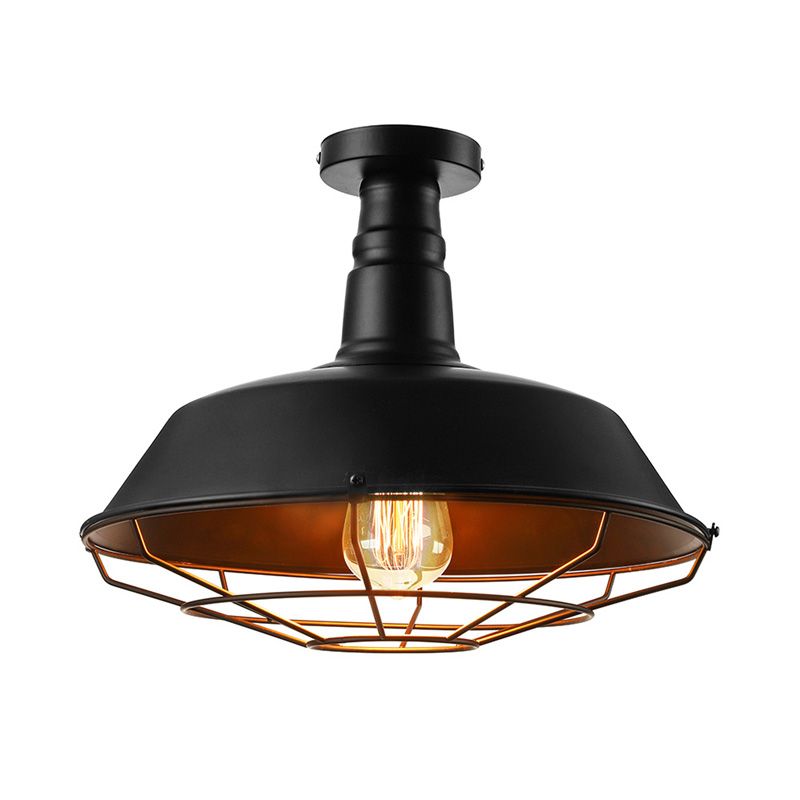 Plafonnier cage noire en métal de style vintage, éclairage d'intérieur semi-encastré à 1 tête avec abat-jour de grange, 10"/14"/18" W