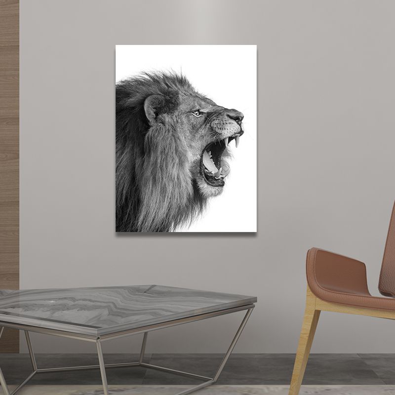 Photography Lion Roaring Canvas Wall Art for House Interior, Grey and White, Textured