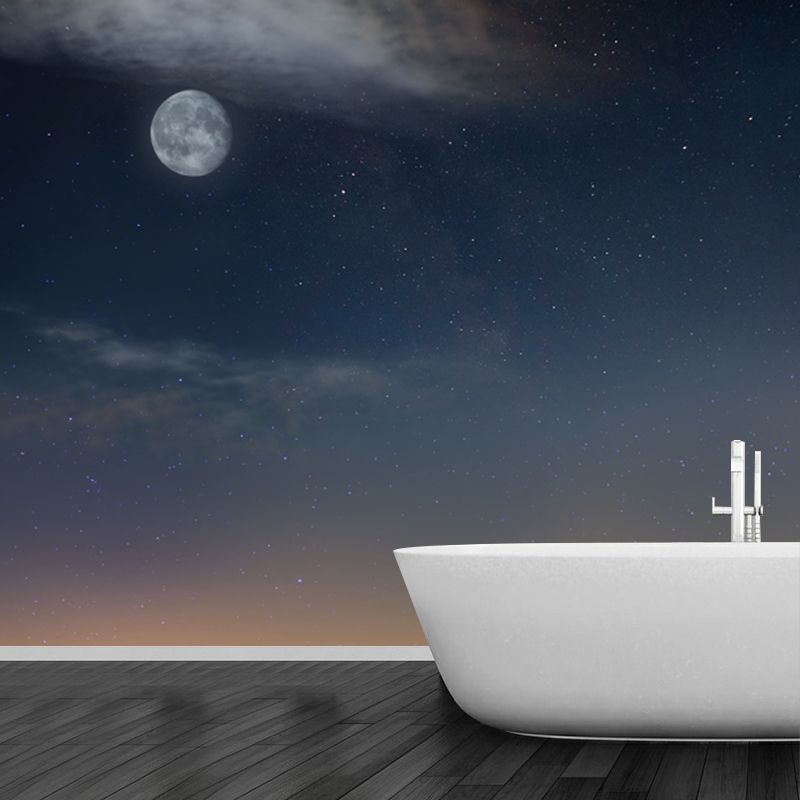 Night Moon and Stars Mural Modernist Non-Woven Cloth Wall Decor in Yellow and Blue