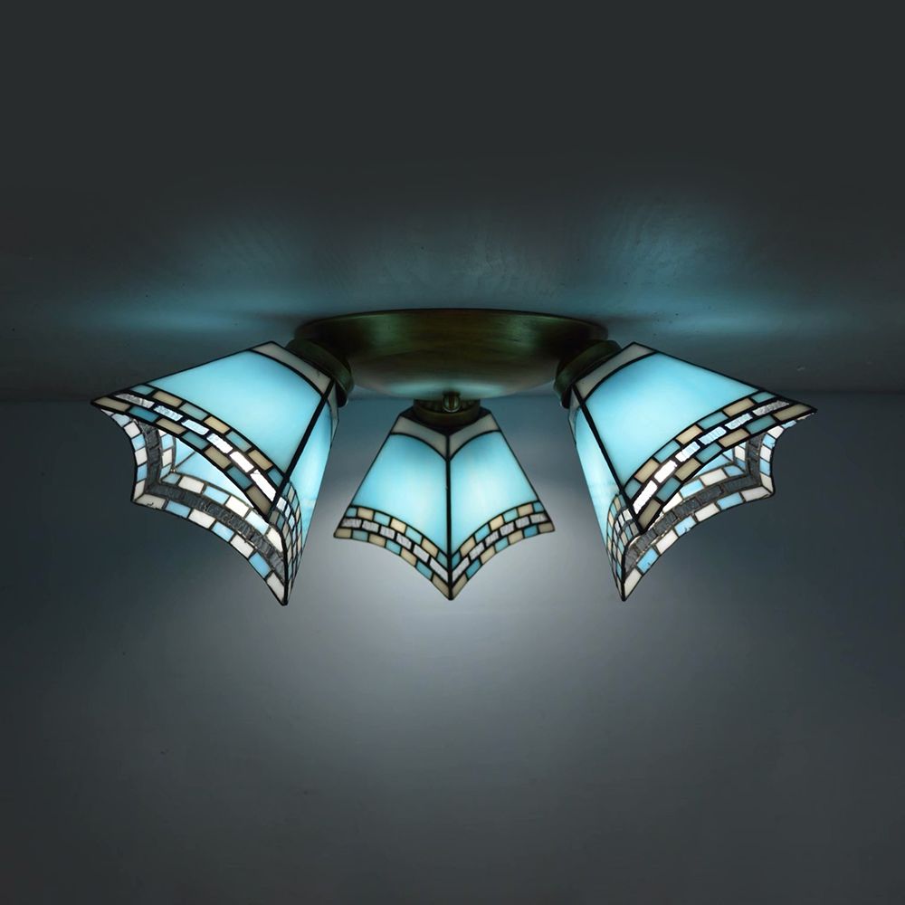 3 Heads Geometric Flushmount Light Vintage Stained Glass Flush Mount Ceiling Light in Yellow/Sky Blue/Pink/Green/Dark Blue for Bedroom
