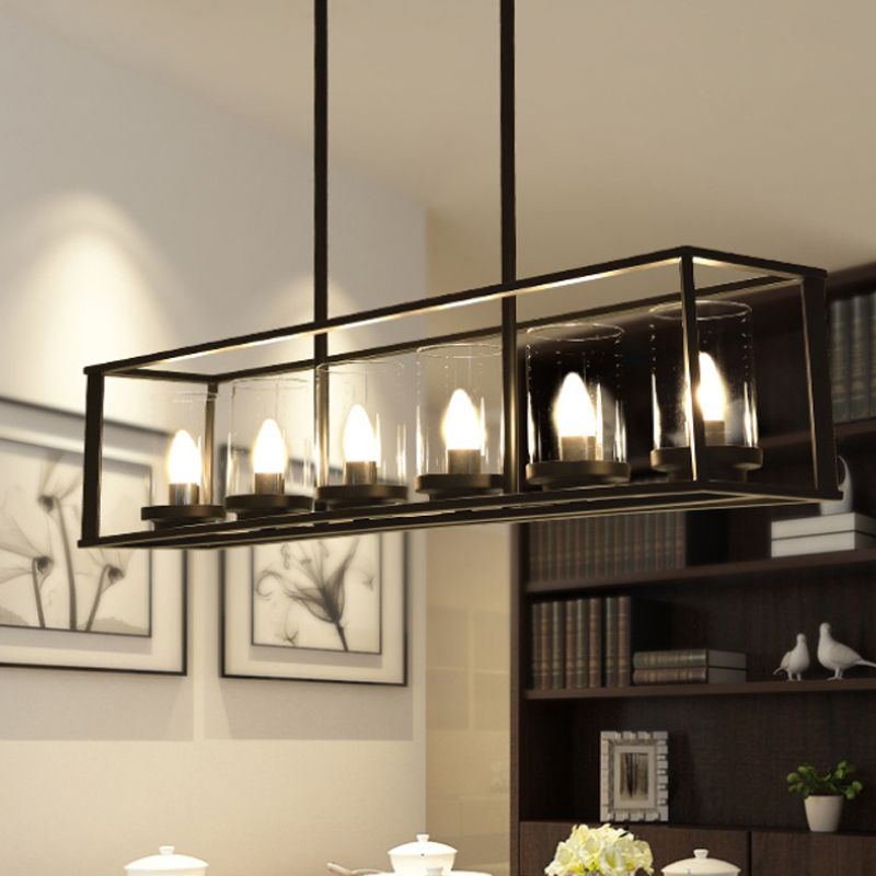 5/6 Lights Dining Room Hanging Light Kit Classic Black Island Lighting with Cylinder Clear Glass Shade