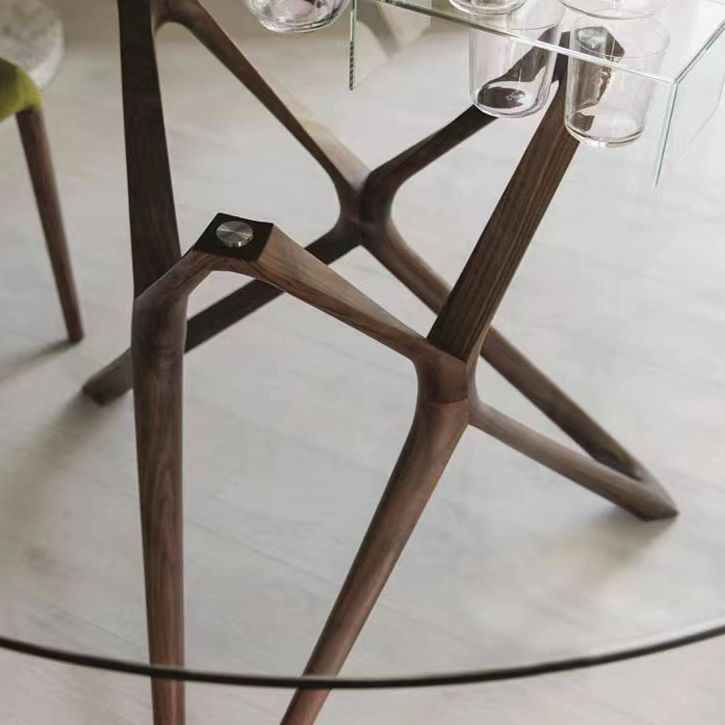 Modern Round Glass Desktop Dining Table Walnut Base for Dining Room