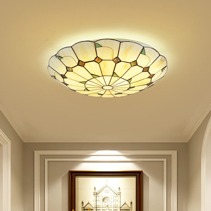 Lámpara de techo Tiffany con patrón de hojas, lámpara LED de montaje empotrado con pantalla de vitral Retro para dormitorio y sala de estar
