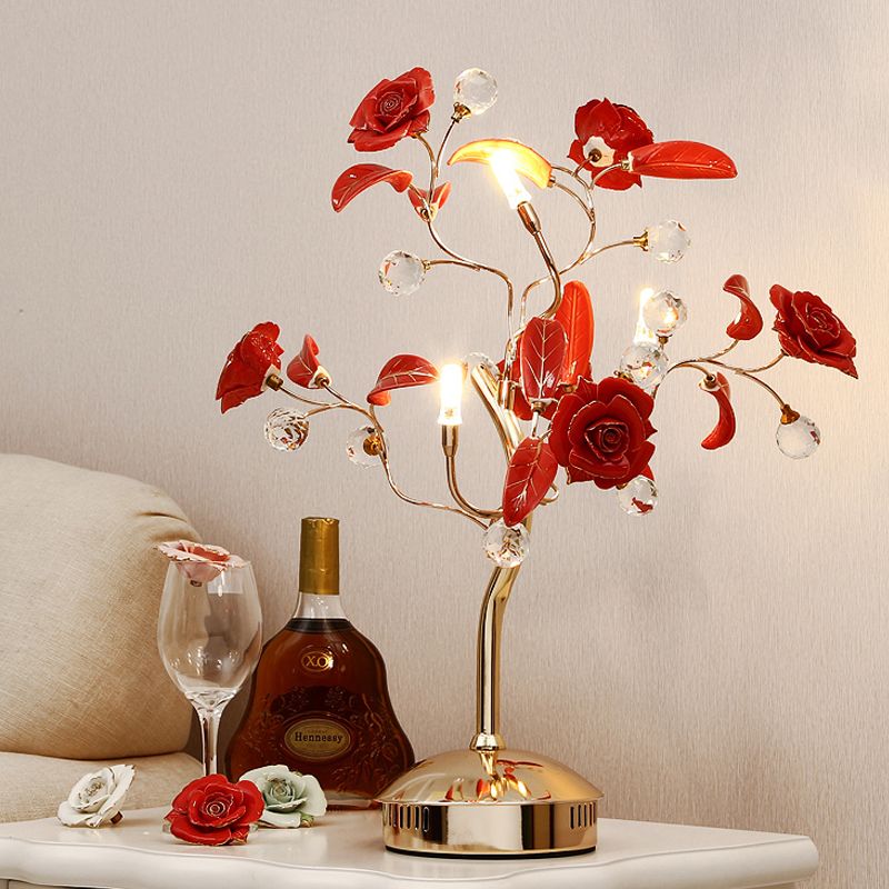 Lámpara nocturna de árbol de flores de 3 bombas Jardín coreano White/Red/Verde Ceramic Table Luz con tallo de oro