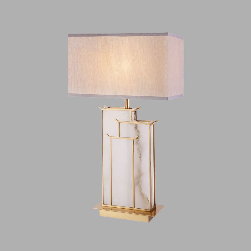 Lampe de table rectangulaire moderne en tissu, éclairage de travail à 1 ampoule, blanc avec base en marbre