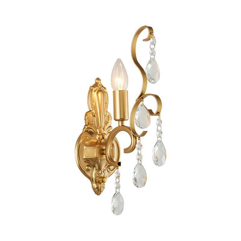 Brass Curve Arm Wall Mount Light Modernism 1/2 Lights Metal Flush Mount Wall Sconce with Teardrop Crystal Decoration