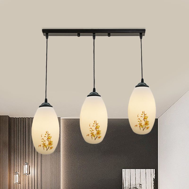 3 Bulbs Multiple Hanging Light Modern Oblong Frosted White Glass Linear/Round Canopy Pendulum Lamp with Flower Pattern