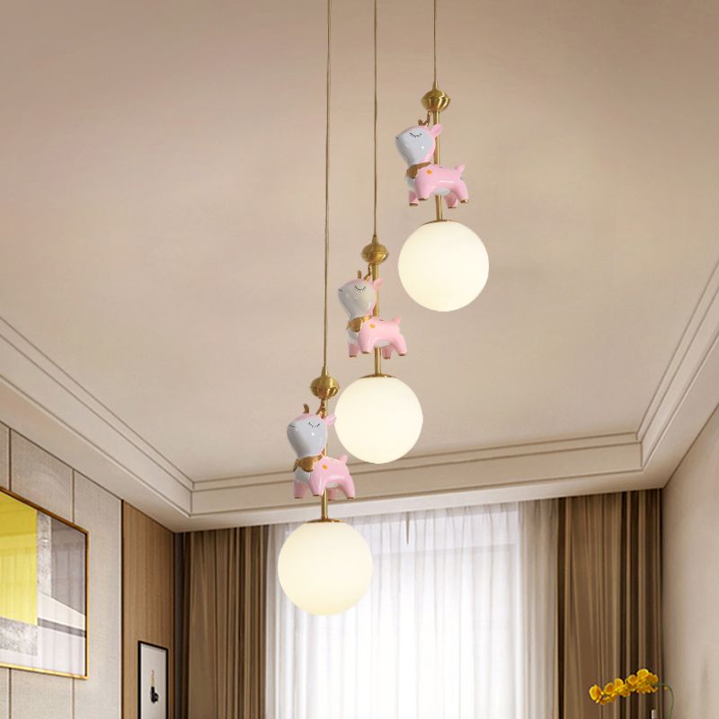 Cartoon Deer Cluster Ball Anhänger Creme Glas 3-Kopf-Kinderzimmer Hanging Deckenleuchte in Pink