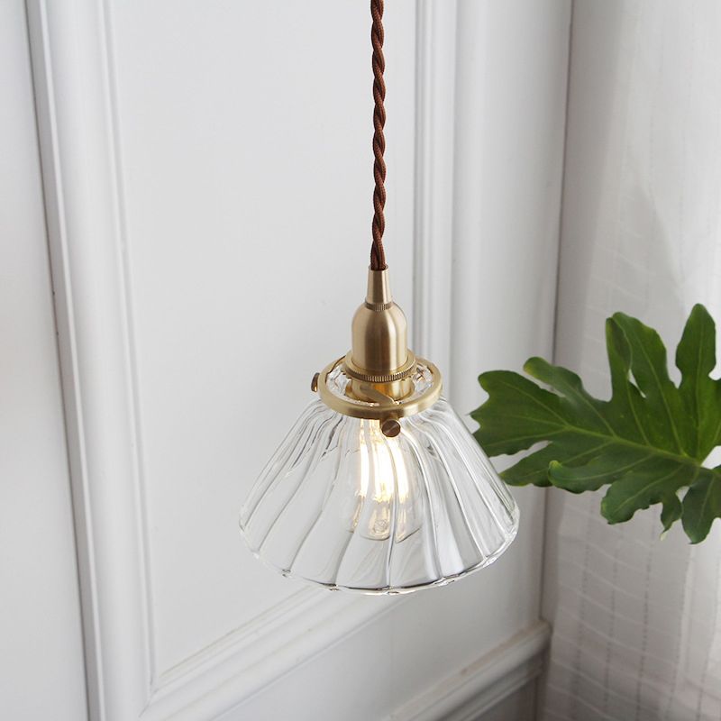 Clear Sleek/Ribbed Glass Brass Pendant Lamp Cone 1 Light Rustic Down Lighting for Dining Room
