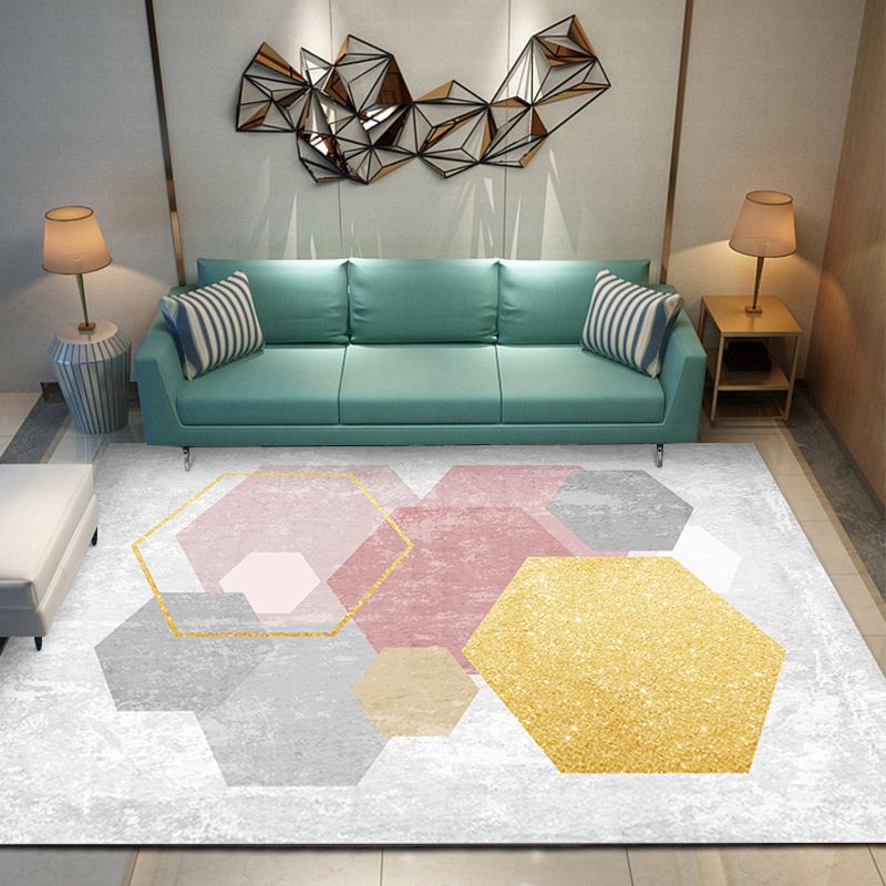 Fancy Contemporary Rug Gold Hexagonal Rug Washable Rug for Living Room