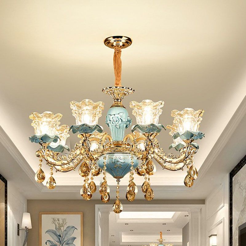 Floral Blown Clear Glass Chandelier Lamp Minimalist Gold Suspension Pendant Light for Living Room