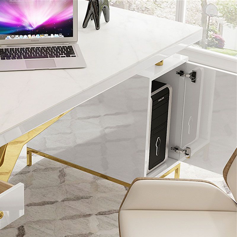 Glam Marble Office Desk Cabinet Storage Pedestal Desk in Gray and White