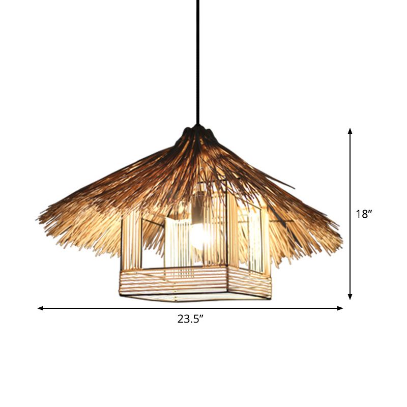 Beige House Ceiling Lamp Chinese 1 Head Bamboo Hanging Light Fixture for Dining Room