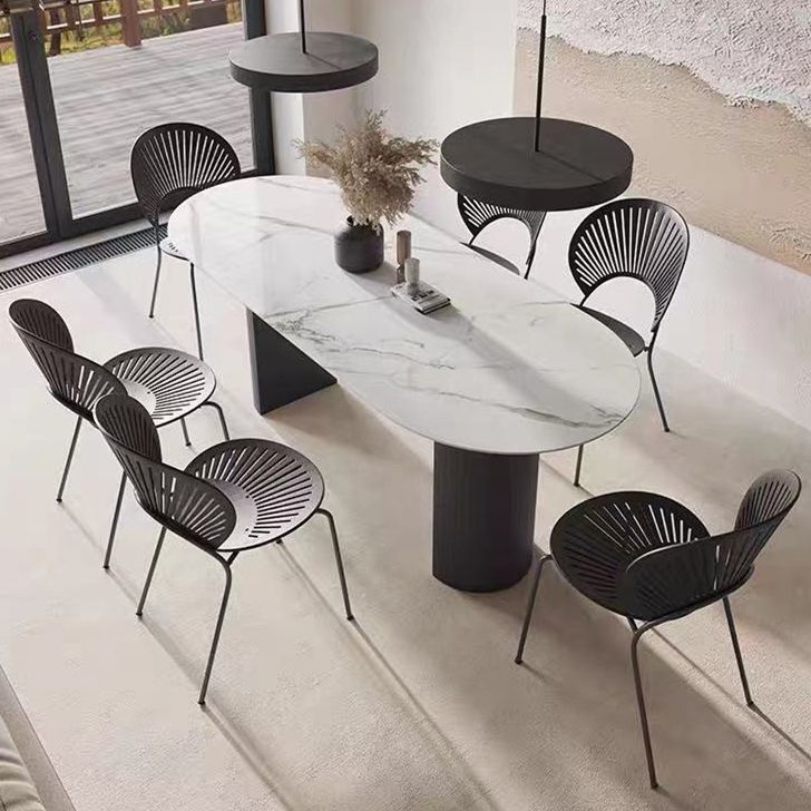 Oval gesinterde stenen eettafel moderne tafel in wit met metalen dubbele voetstuk voor restaurant
