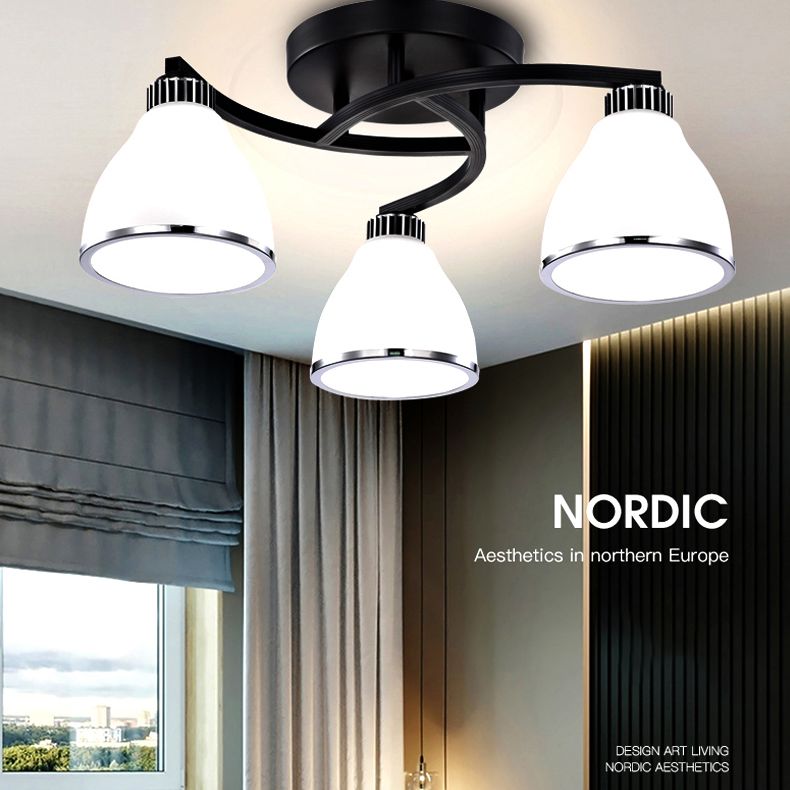 Modern Bell Shaped Flush Lamp White Glass Living Room Semi Flush Ceiling Light in Black